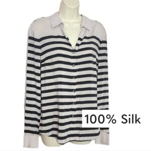 White House Black Market Shirt 100% Silk Striped Button Up Black Size 10